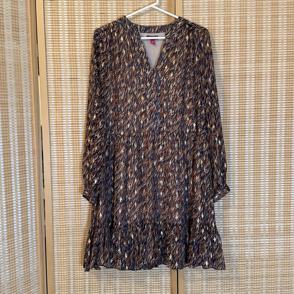 Vince Camuto‎ Womens M Metallic Midi Dress Lined Tiered Office Whimsigoth Boho